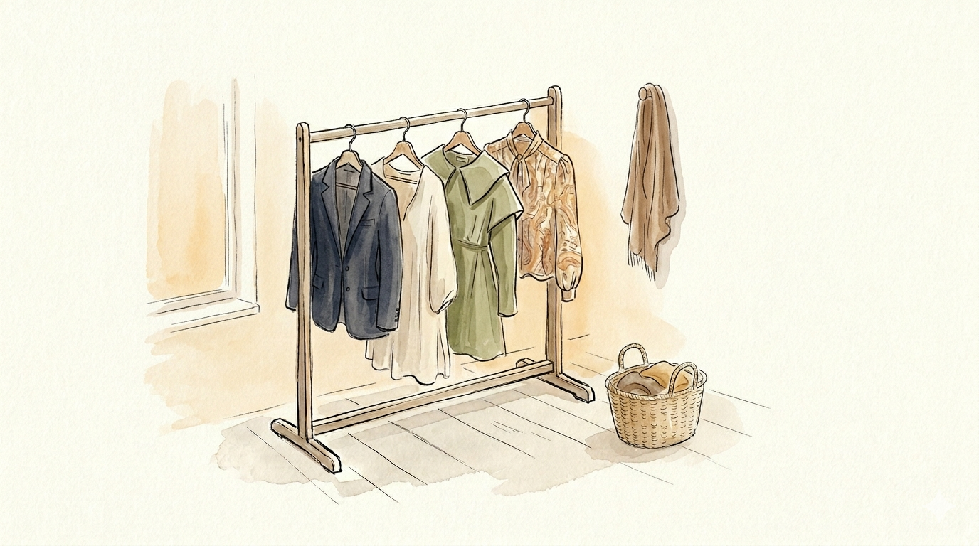 A Sempé-spirit ink-and-wash hero illustration: a small wooden clothes rail standing in a quiet domestic interior, with exactly four distinct garments hanging from it — a muted navy tailored blazer, a warm oat natural-fiber tunic, a soft olive contemporary statement piece, and a warm-toned vintage print blouse — each in its own muted color. A small woven basket with folded garments sits on the floor on one side; a faint hint of a window glows warm amber on the wall opposite; a small wooden wall peg holds a single soft draped scarf — the wardrobe as latent inventory, four lives gently held side by side.