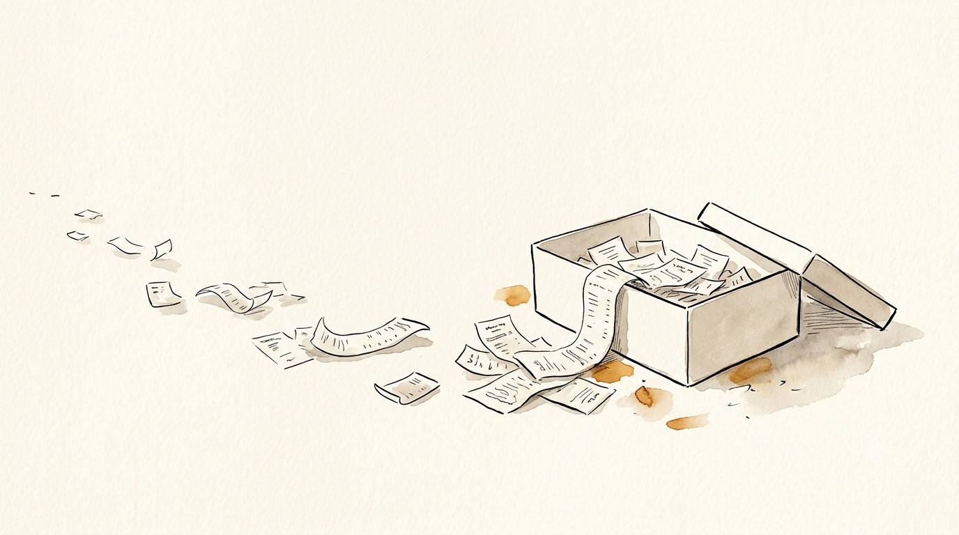 A Sempé-spirit ink-and-wash hero illustration: a quiet still life of paper receipts drifting across cream paper toward a single open shoebox partly filled with receipts.