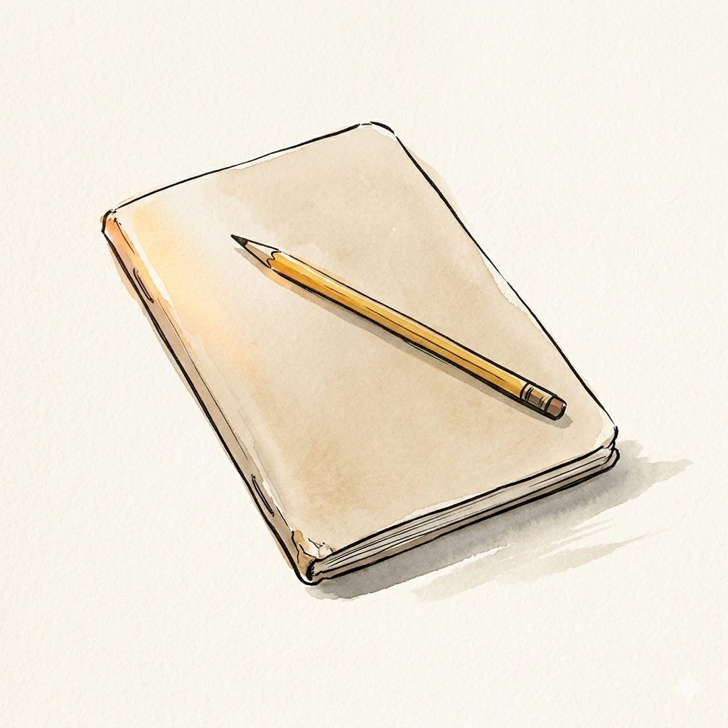 Sempé-spirit ink and wash: an open notebook with a yellow pencil resting diagonally across the pages, in pale cream and warm pencil yellow. A small writing figure at the top of Field Notes.