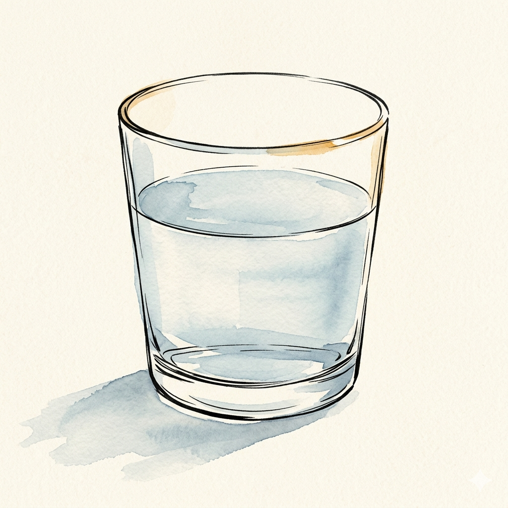 Sempé-spirit ink and wash: a short tumbler of clear water in pale cool-blue with an amber catch of light on the rim. The glass-of-water metaphor returning at the top of The Work.