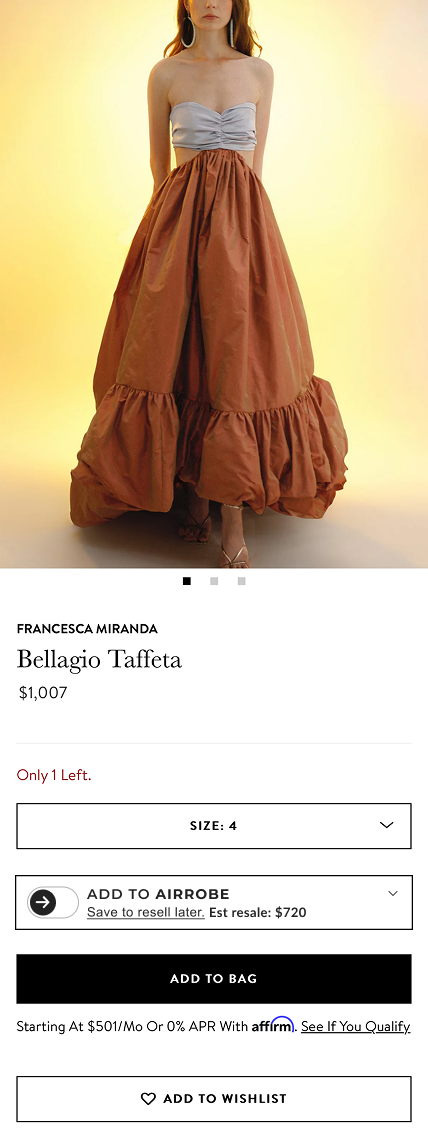 A partner brand’s product page for a designer gown priced at $1,007, with the “Add to AirRobe” widget placed inline below the size selector — “Save to resell later, estimated resale $720” — above the Add to Bag button.