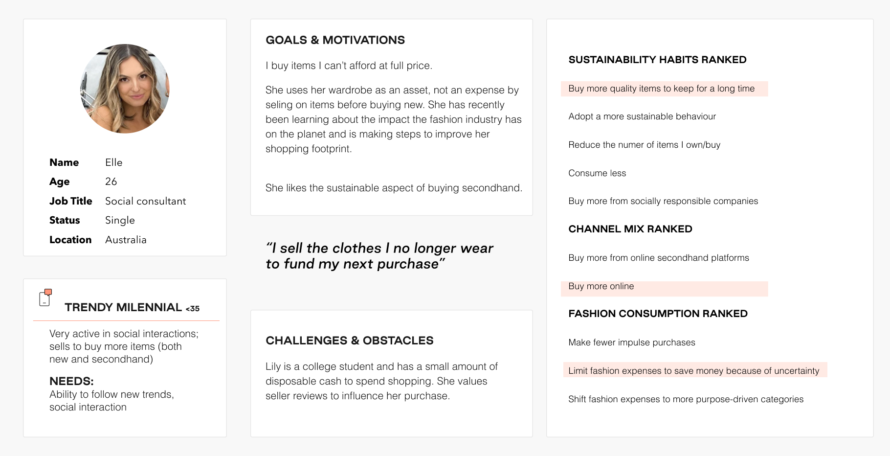 The team’s single general persona: “Elle”, a 26-year-old labelled “Trendy Millennial”, with sections for goals and motivations, challenges and obstacles, and ranked sustainability, channel, and consumption habits.