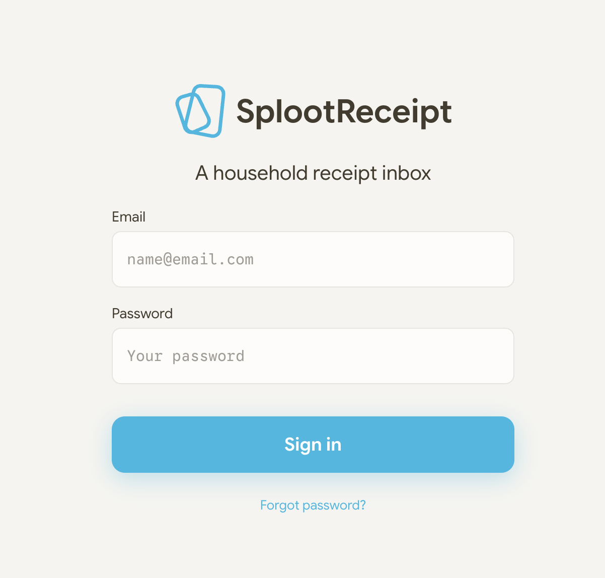 The SplootReceipt sign-in screen: the receipt-card logo and wordmark above the tagline “A household receipt inbox”, with email and password fields, a Sign in button, and a forgot-password link.