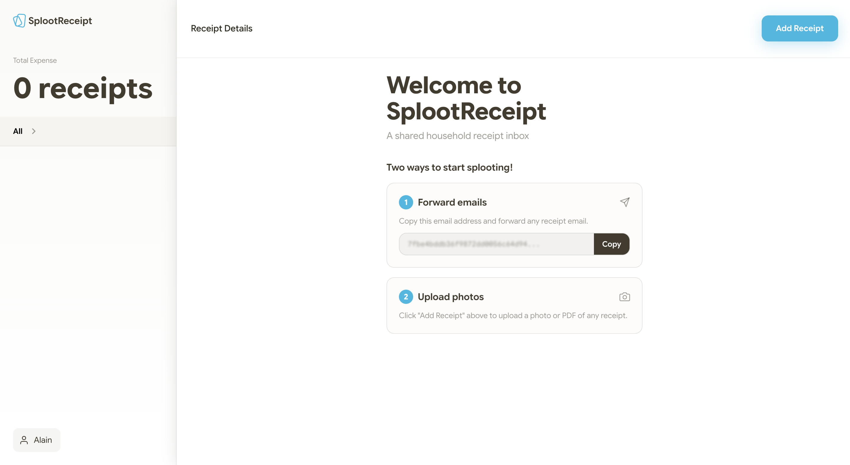 The SplootReceipt empty state on first launch: a “Welcome to SplootReceipt” panel laying out the two ways to add receipts — forward emails to a unique address, or upload a photo or PDF — beside a receipt list reading “0 receipts”.
