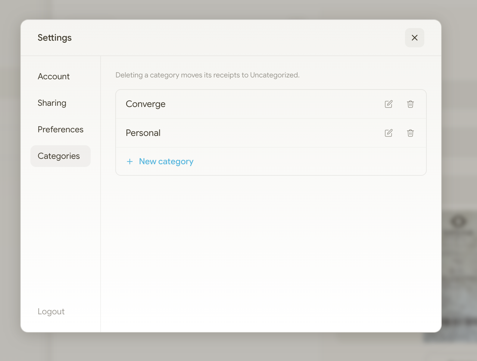 The SplootReceipt settings modal open to the Categories tab: a short list of user-created categories, each with edit and delete controls, and a “New category” action.