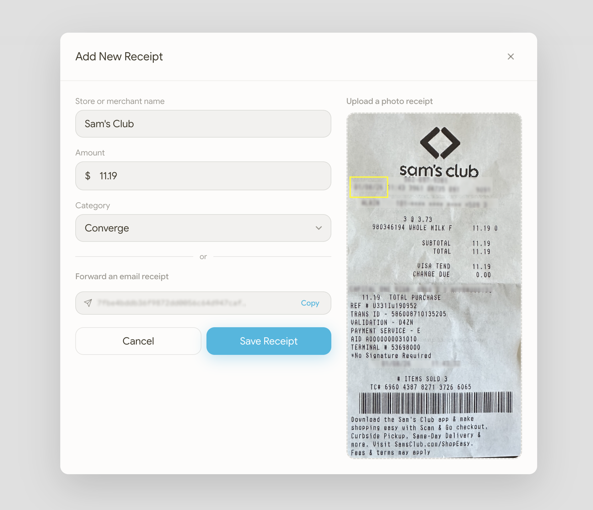 The “Add New Receipt” form filled in by hand — store name, amount, and category typed into their fields — beside an uploaded photo of the paper receipt.