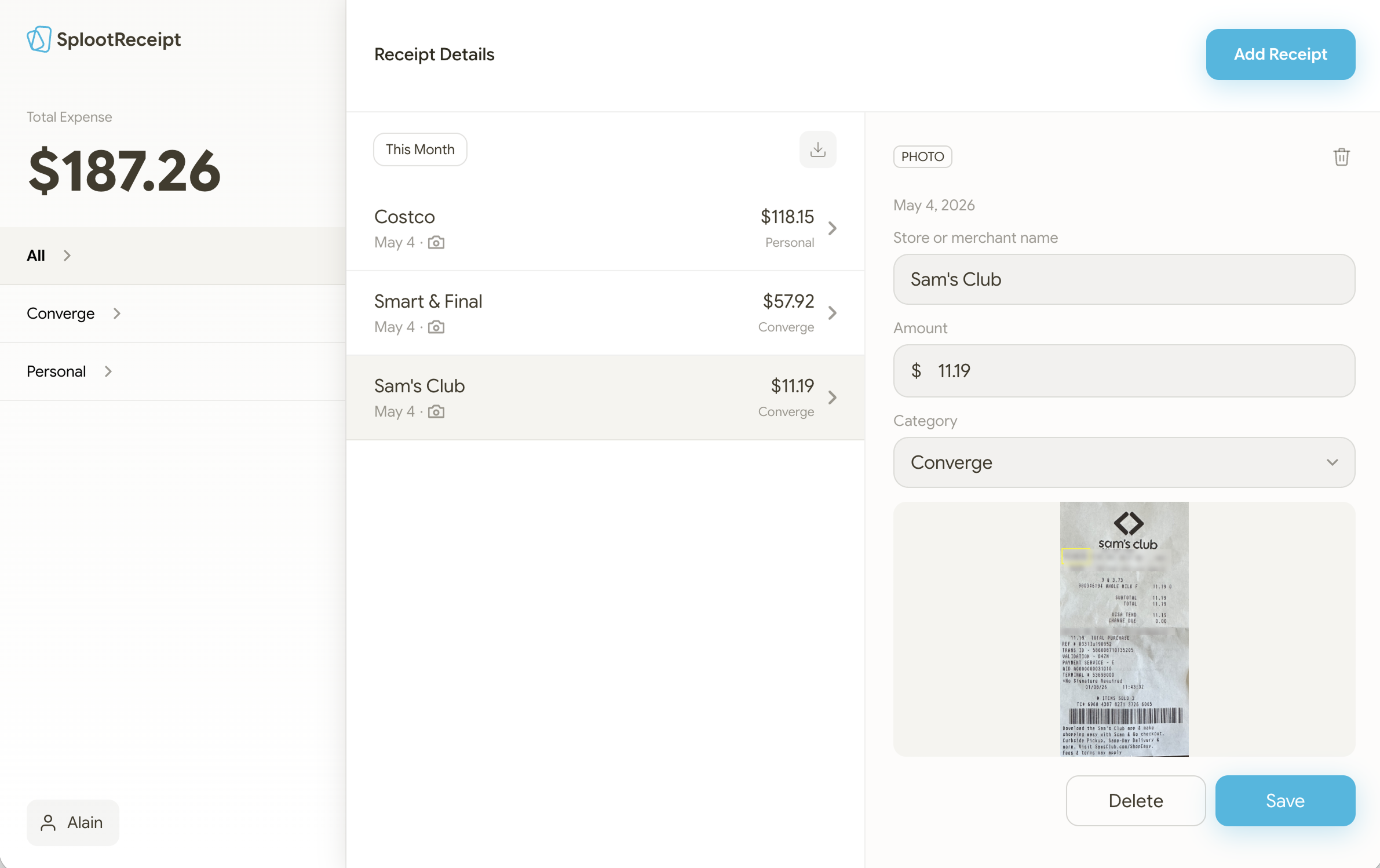The SplootReceipt dashboard: a sidebar totalling the month’s expenses across categories, a list of receipts from Costco, Smart & Final, and Sam’s Club, and a detail panel for the selected receipt with its photo, merchant, amount, and category.