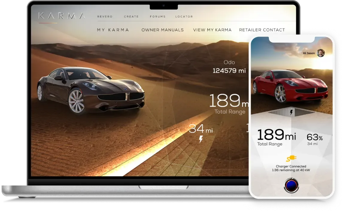 The Karma owner’s portal open on a laptop beside the companion phone app, both showing a black Karma Revero on a desert road with 189 miles of total range.