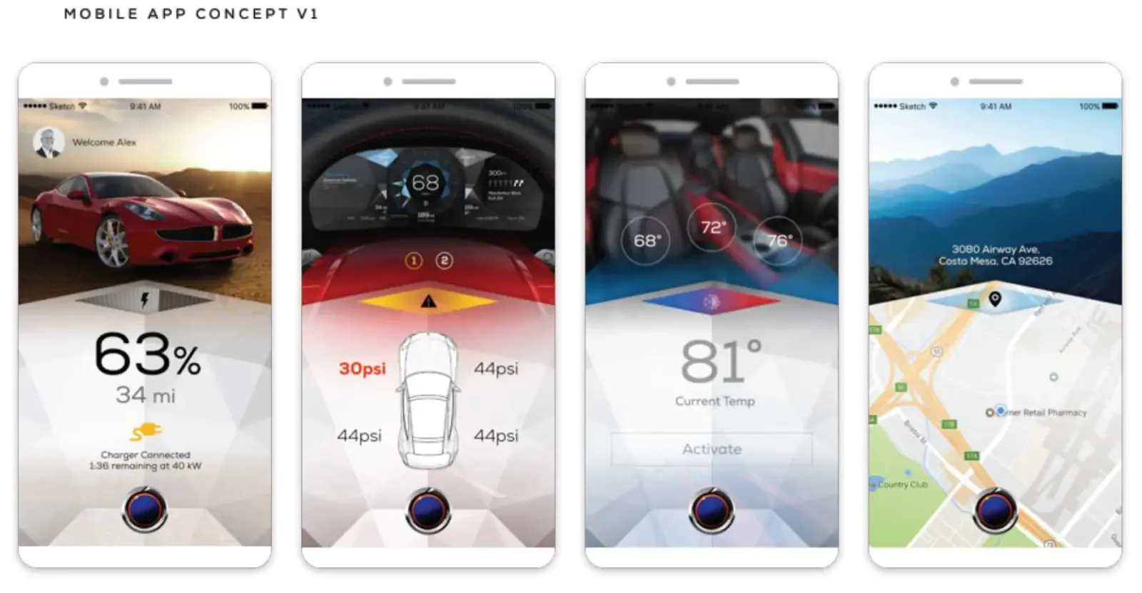Mobile app concept v1 in a light treatment: charge state at 63 percent, tyre pressures, cabin temperature, and vehicle location.