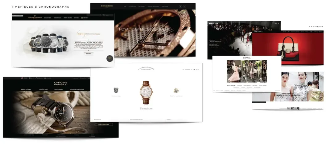 Mood board of luxury watch and jewellery sites — Vacheron Constantin, Audemars Piguet, Panerai, A. Lange & Söhne, Prada, Chanel, Versace — collected for their restraint and their storytelling.