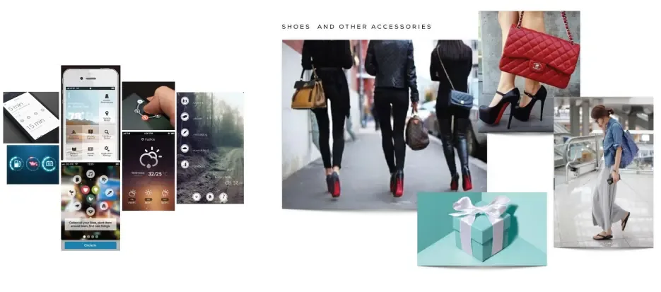 Second mood board pairing minimal app interfaces with high-end fashion photography: street style, handbags, a Tiffany gift box.