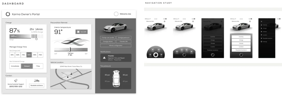 Desktop owner’s portal wireframe beside a navigation study exploring five ways to surface the primary menu.