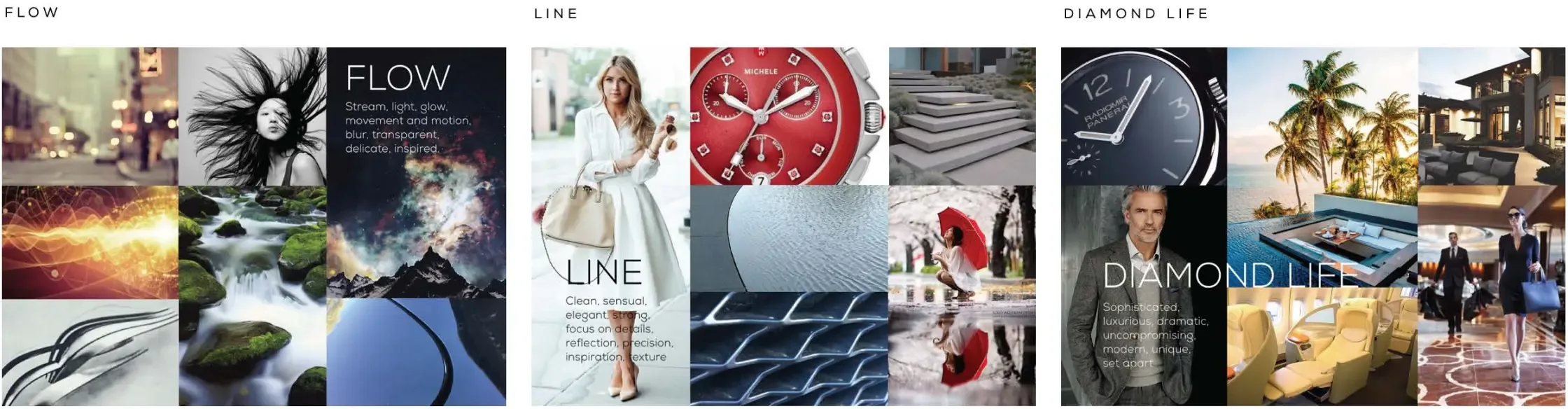 Three named visual themes side by side — Flow, Line, and Diamond Life — each a grid of reference imagery with a short description of its character.